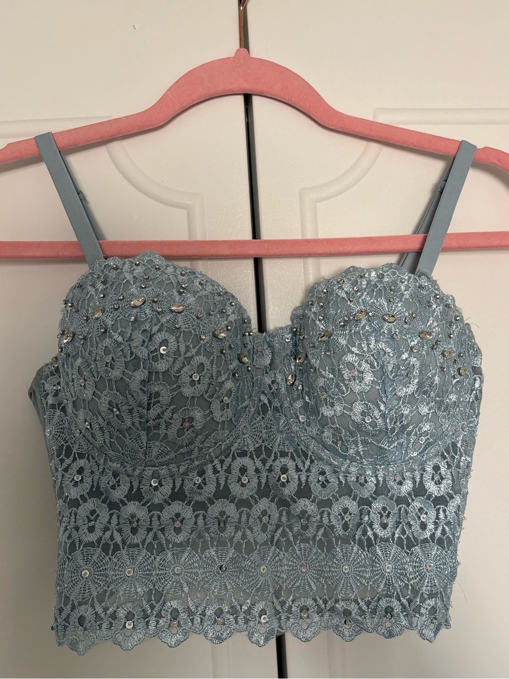 Windsor Dusty Blue Lace Sequin Bustier Crop Top